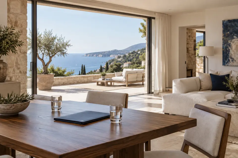 Salon et terrasse d’une villa sur la Côte d’Azur