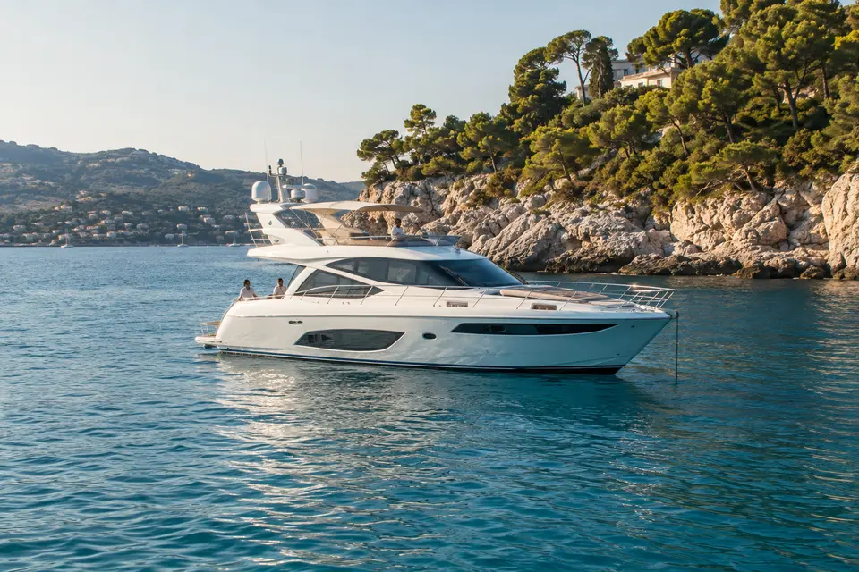Yacht au mouillage dans une baie méditerranéenne