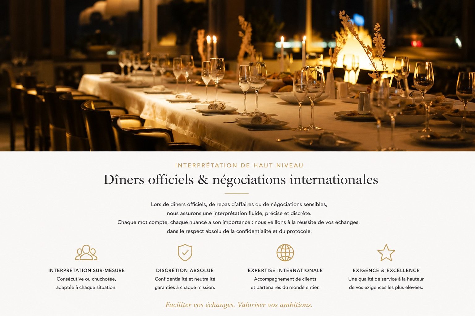 Interprétation lors de dîners officiels et négociations internationales